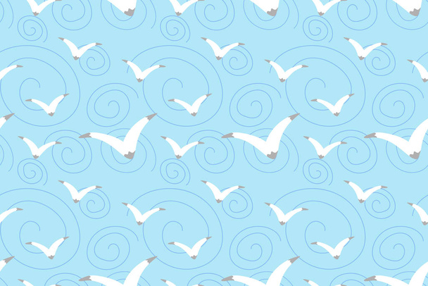Світло-блакитний вектор безшовний візерунок з чайками і спіралями. Ілюстрація літаючих птахів для тканини, текстилю, банера, календаря, шпалер, фону, обкладинки, обгорткового паперу
 - Вектор, зображення