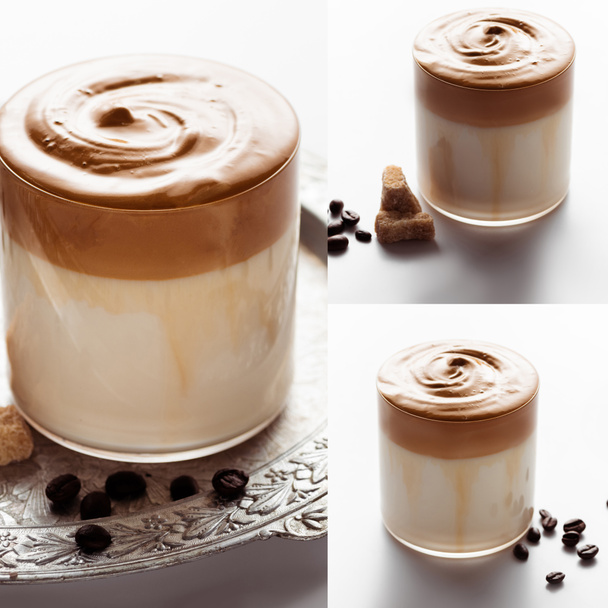 コーヒー豆の近くのガラスのおいしいダルゴナコーヒーと白地の銀のトレイの茶色のグラニュー糖のコラージュ - 写真・画像
