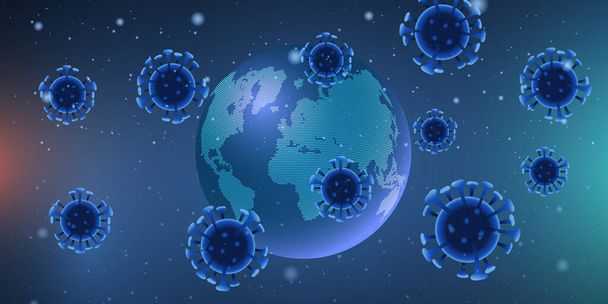 Медицинский баннер с абстрактными вирусными клетками Covid 19 на дизайне глобуса
 - Вектор,изображение