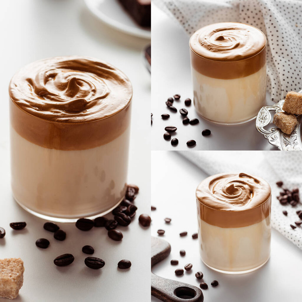 collage of delicious Dalgona coffee in glass near coffee beans and brown granulated sugar on white background - Foto, Imagen