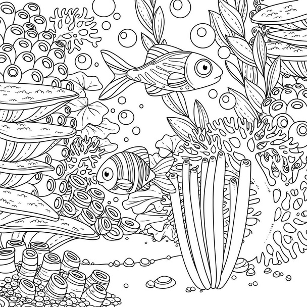 Underwater world with corals, fish and anemones otlined coloring page on white background - Διάνυσμα, εικόνα