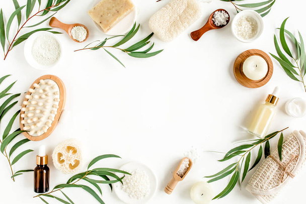 Spa concept with eucalyptus oil and eucalyptus leaf extract natural organic spa cosmetics products eco friendly bathroom accessories.Skincare concept  - 写真・画像