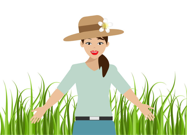 農場の土地で新鮮な空気で幸せを感じる帽子をかぶっている若い美しい女性。白い背景に隔離されている。ベクターイラスト.  - ベクター画像