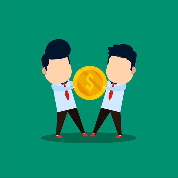 twee zakenlieden vechten om munten - Vector, afbeelding