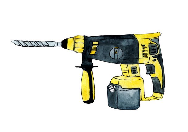 Watercolor sketch of hand painted hammer drill 300 dpi - Photo, Image