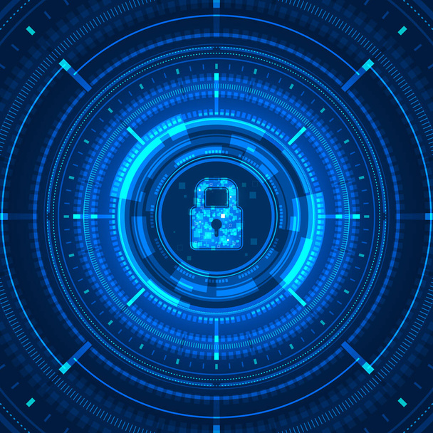 Blaulicht-Datensperre-Symbol und Kreis HUD digitaler Bildschirm auf dunklem Hintergrund Illustration, Cyber-Security-Technologie-Konzept. - Vektor, Bild