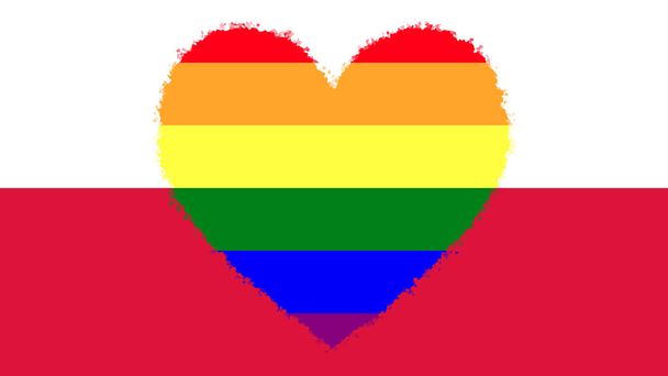 Bandiera della Polonia con un grande cuore nei colori della bandiera arcobaleno (movimento LGBT) al centro - Foto, immagini