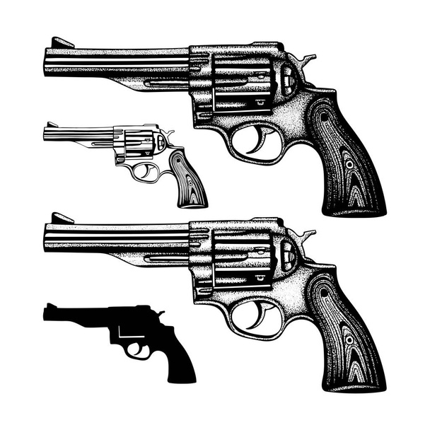 Revolver. Ručně kreslené retro revolver vektor ilustrace. Sada starých pistolí ve stylu rytí. - Vektor, obrázek