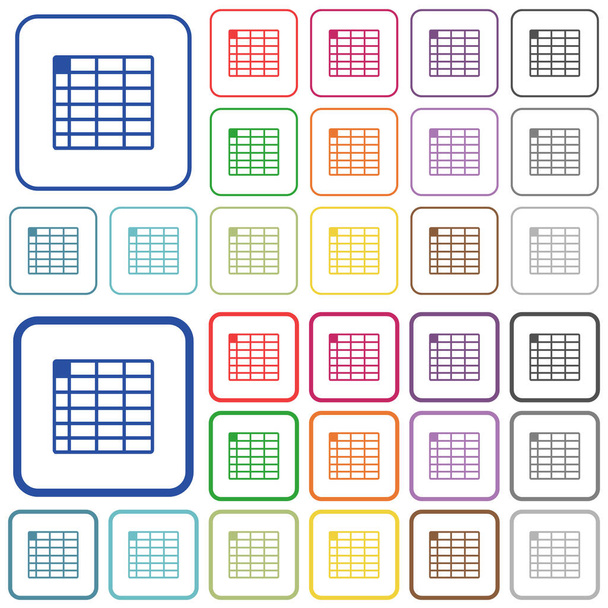 Iconos planos de color de tabla de hoja de cálculo en marcos cuadrados redondeados. Versiones finas y gruesas incluidas
. - Vector, imagen