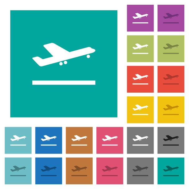 Avião decolar ícones planos multi coloridos em fundos quadrados simples. Variações de ícones brancas e escuras incluídas para efeitos ativos ou pairar
. - Vetor, Imagem