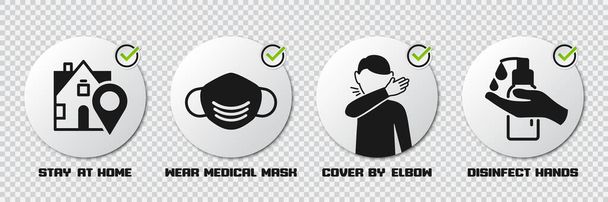 Misure preventive icone per non ammalarsi e non diffondere virus. Rimani a casa, indossa la maschera, copri con il gomito e disinfetta le mani - Vettoriali, immagini