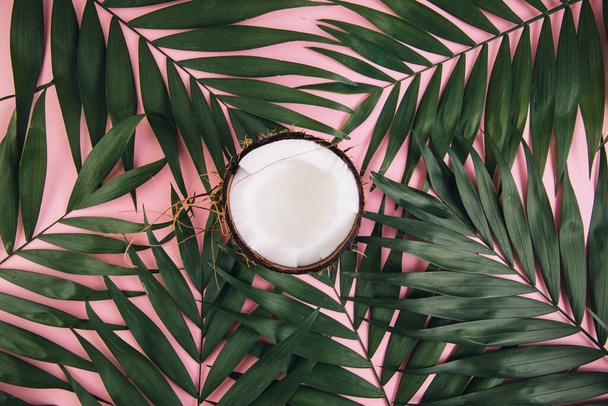 Coconut around palm leaves on a pink background. - Foto, imagen