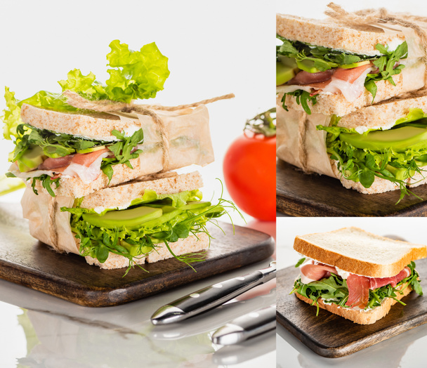 коллаж из свежих зеленых вкусных бутербродов с мясом на деревянной доске для резки по мраморной белой поверхности
 - Фото, изображение