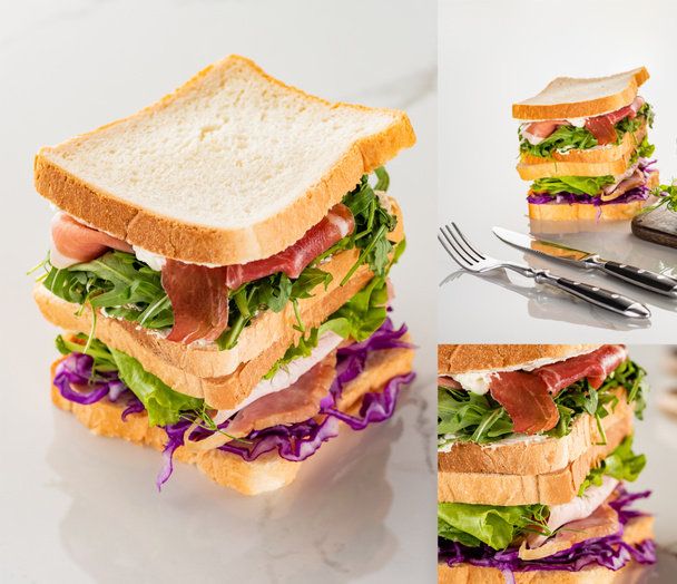 collage of fresh delicious sandwiches with meat near cutlery on marble white surface - Photo, Image