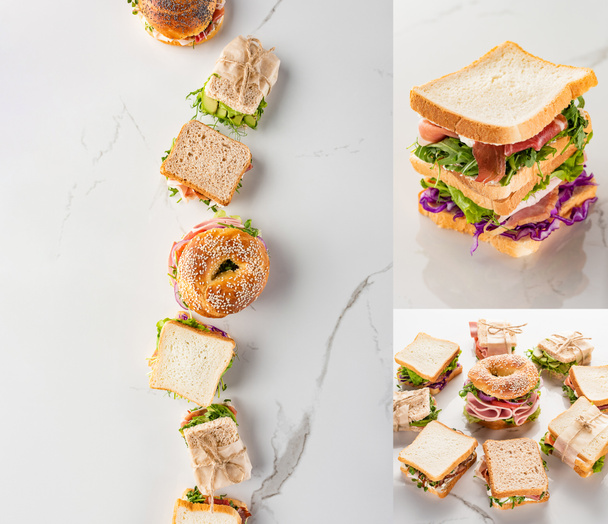 collage of fresh green sandwiches with meat and bagel on marble white surface - Fotoğraf, Görsel