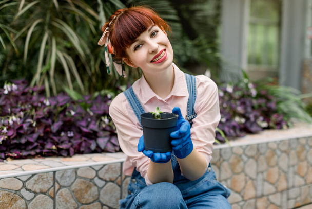 Portrait of smiling red haired girl greenhouse worker, wearing gloves holding little black pot with succulent seedling in hands, and posing to camera on the background of tropic plants - Fotó, kép