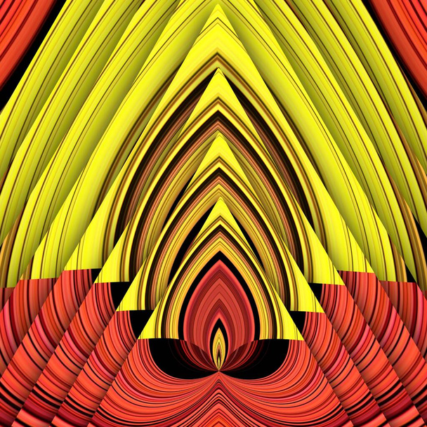 sfumature di rosso arancio strisce lineari gialle trasformate in quadranti e quindi in molti intricati modelli di curva e disegni di stile misto - Foto, immagini