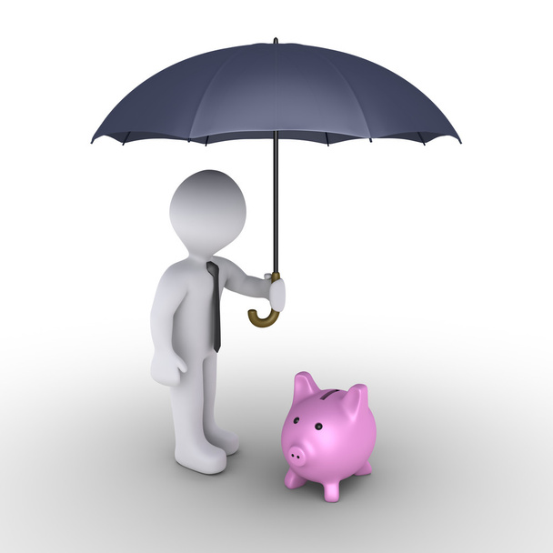 Pessoa protegendo caixa de dinheiro de porco com guarda-chuva
 - Foto, Imagem