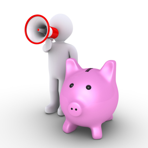 Cassetta dei soldi del maiale e persona con megafono
 - Foto, immagini