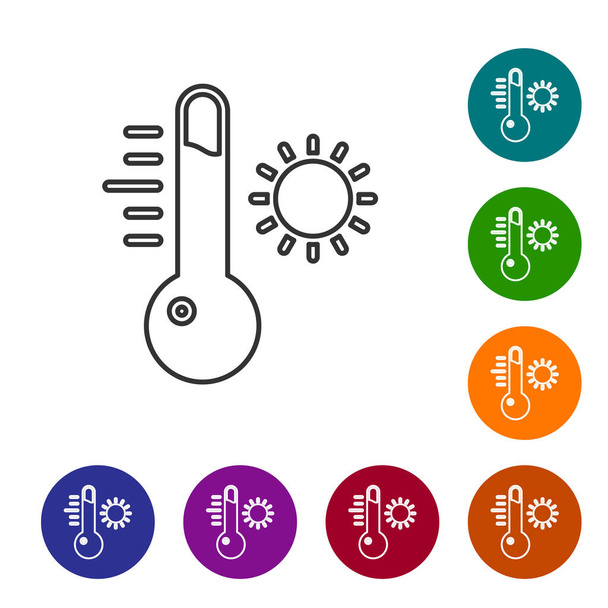 Zwarte lijn Meteorologie thermometer meten pictogram geïsoleerd op witte achtergrond. Thermometer apparatuur toont warm of koud weer. Stel pictogrammen in de kleur cirkel knoppen. Vector Illustratie. - Vector, afbeelding