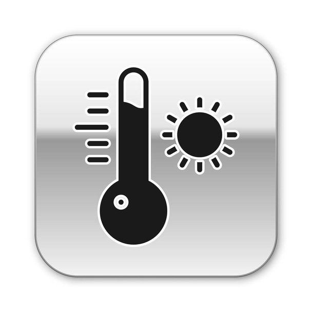 Thermomètre météorologique noir icône de mesure isolé sur fond blanc. Équipement de thermomètre montrant le temps chaud ou froid. Bouton carré argenté. Illustration vectorielle. - Vecteur, image
