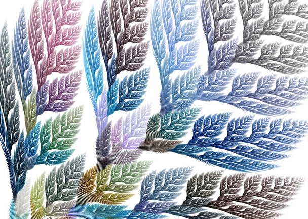 Bílé pozadí vyplňují barevné listy studených odstínů. Abstraktní fraktální pozadí s rostlinou. 3D vykreslování. 3D ilustrace - Fotografie, Obrázek