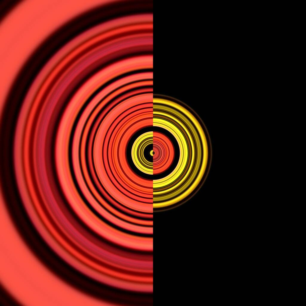 Schattierungen rot-orange-gelber linearer Streifen, die sich in Quadranten verwandeln und daraus viele komplizierte Kurvenmuster und Mixed-Style-Designs entstehen lassen - Foto, Bild