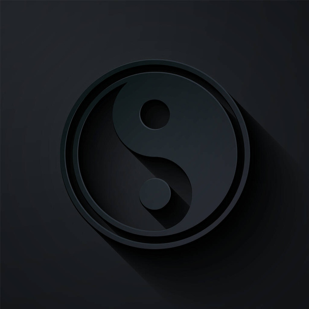 Papel de corte Yin Yang símbolo de armonía y equilibrio icono aislado sobre fondo negro. Estilo de arte de papel. Ilustración vectorial
. - Vector, imagen