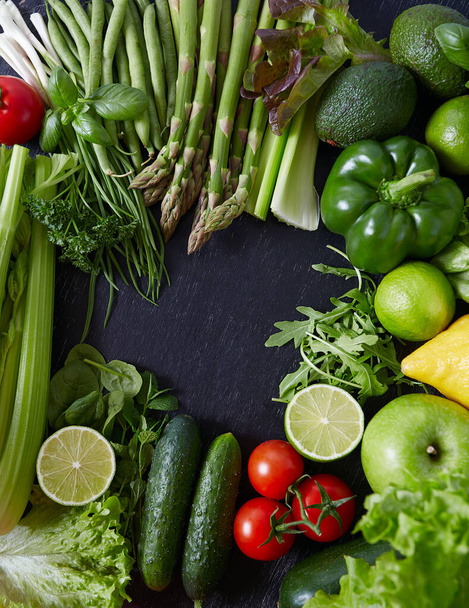 healthy fruits and vegetables on chalkboard - Zdjęcie, obraz