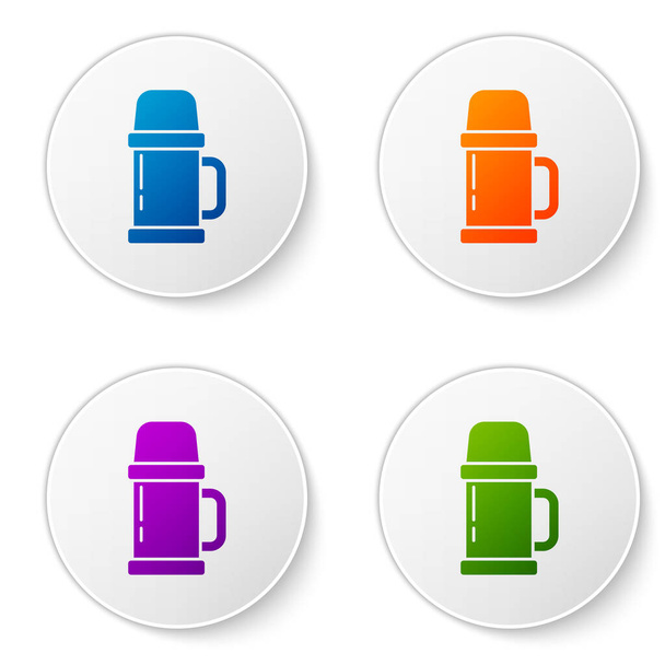 Color Thermos container icon isolated on white background. Thermo flask icon. Camping and hiking equipment. Set icons in circle buttons. Vector Illustration. - Vector, Image