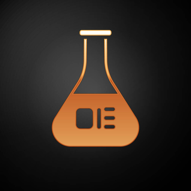 Gouden reageerbuis en kolf chemisch laboratorium pictogram geïsoleerd op zwarte achtergrond. Laboratorium glaswerk bord. Vector Illustratie. - Vector, afbeelding