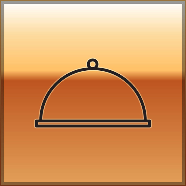 Altın arka planda izole edilmiş bir tepsi yiyecek ikonu ile kaplı siyah çizgi. Tepsi ve kapak. Kapaklı bir restoran saati. Mutfak eşyaları sembolü. Vektör İllüstrasyonu. - Vektör, Görsel