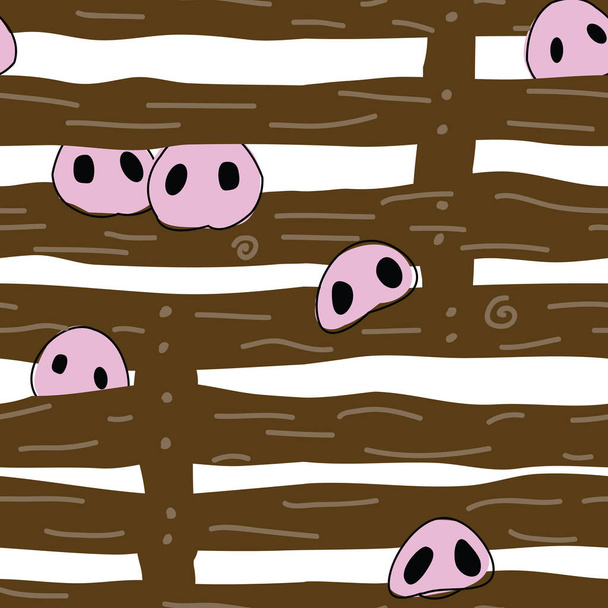Varkens neuzen gluuren door varkensstal hekwerk naadloze vector herhalen patroon - Vector, afbeelding