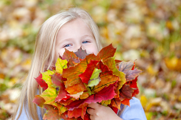 Egy kicsi, szőke, kék szemű lány vidáman néz ki egy csokor fényes őszi levél mögül. Jól érzi magát a friss levegőn. Közelről. - Fotó, kép