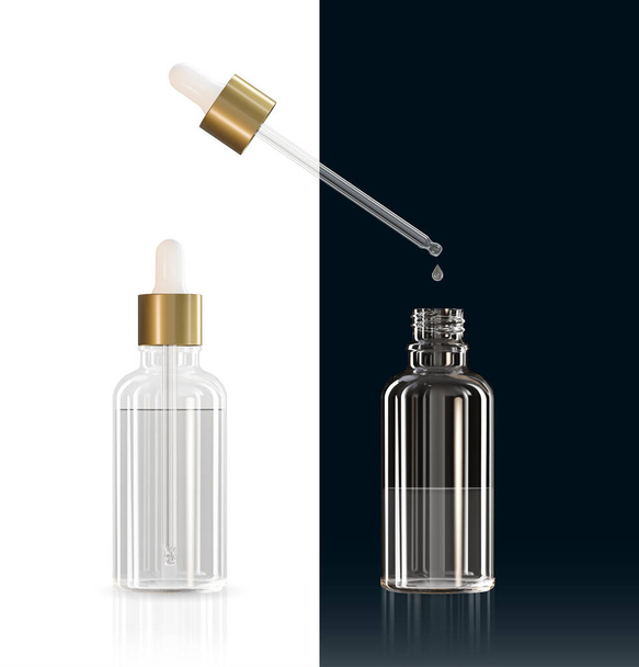 White realistic cosmetic container with gold cap with collagen solution advertising background ready to use, luxury skin care cream. Beauty product ad design. Transparent pipette - Vector, afbeelding