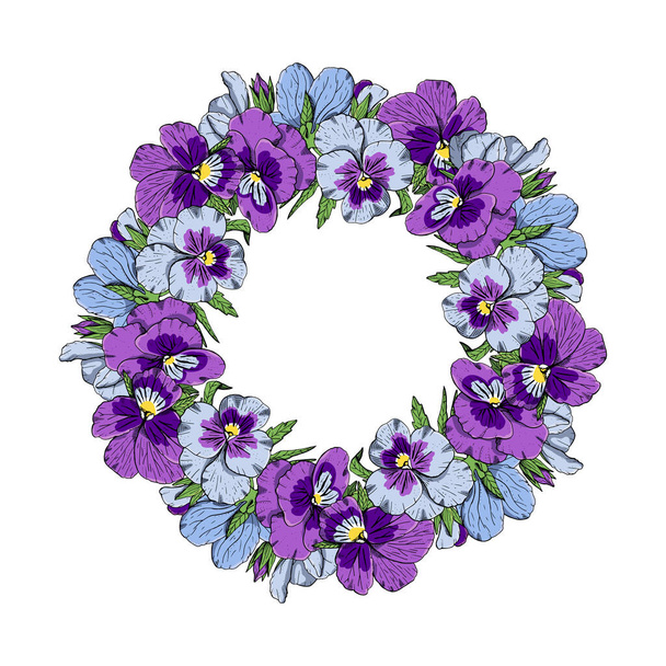 Hand drawn colorful pansy flowers circular wreath. Floral design element. Isolated on white background. Vector - Vektör, Görsel