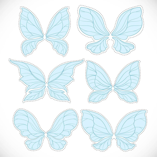 Blue fairy wings with dotted outline for cutting set 1 isolated on a white background - Vector, Imagen
