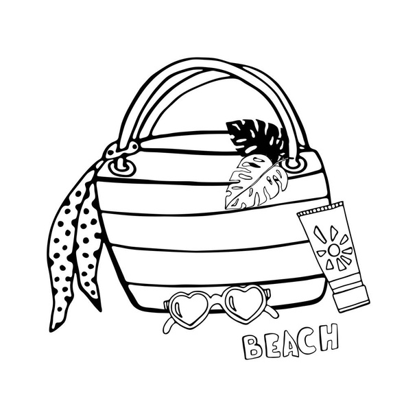 Handgetekende doodle schets van het strand stro damestas met een gebreide erwt sjaal, zonnecrème, liefde hartvormige zonnebril, palmbladeren. Lettering Beach. Zomervakantie illustratie, platte vector - Vector, afbeelding