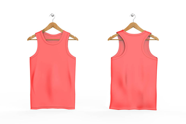 blank tank top shirt mock up on wooden hanger front and rear side view. 3d illustration - Photo, Image
