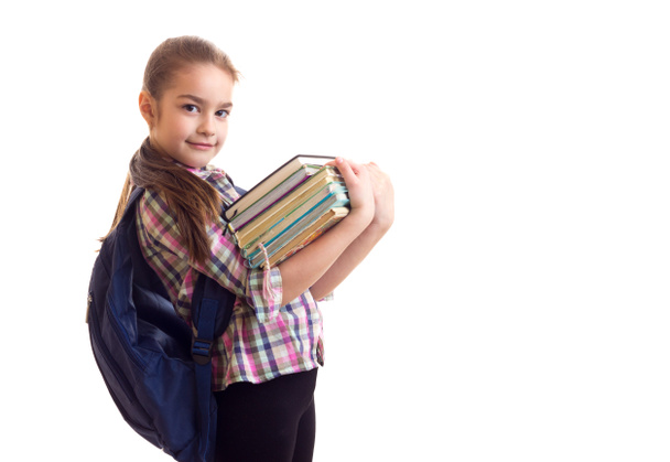 Schulmädchen hält Bündel Bücher in den Händen - Foto, Bild
