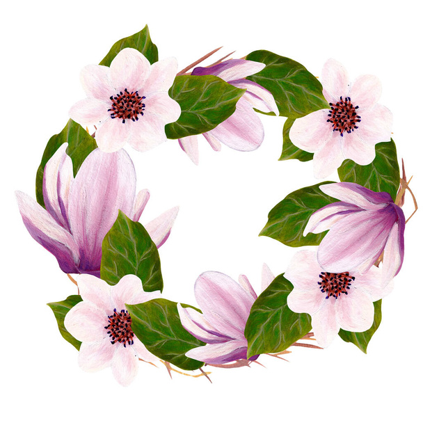 watercolor-magnolia-wreath composition design - Foto, imagen