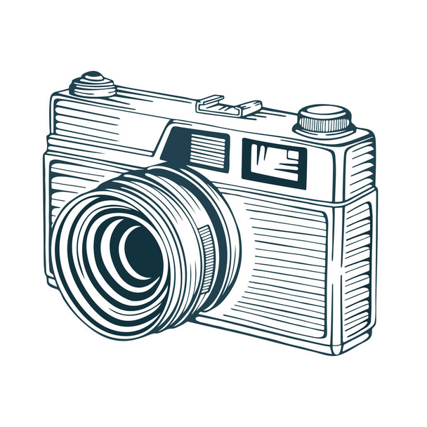 Vintage film camera. Hand drawn retro style photo camera vector illustration isolated on white. Part of set. - Vector, imagen