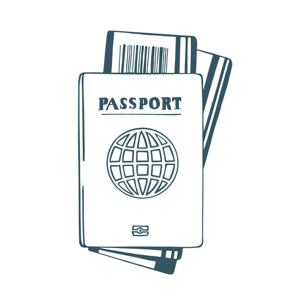 Paspoort en tickets met de hand getekend vector illustratie. Vliegreis concept schets tekening. Deel van de verzameling. - Vector, afbeelding