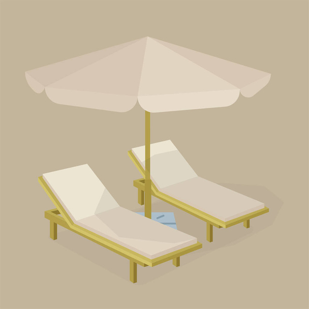 Plaj sandalyeleri ve şemsiye. Güvertedeki sandalyeler ve şemsiye. Kümenin bir parçası. - Vektör, Görsel