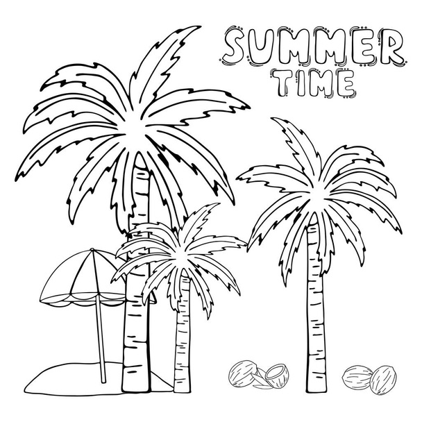 Bozzetto disegnato a mano composizione di spiaggia tropicale, palme, ombrellone, noci di cocco. Lettering Summertime. Illustrazione vacanza vacanza. Carino vettore piatto per biglietto di auguri, invito - Vettoriali, immagini