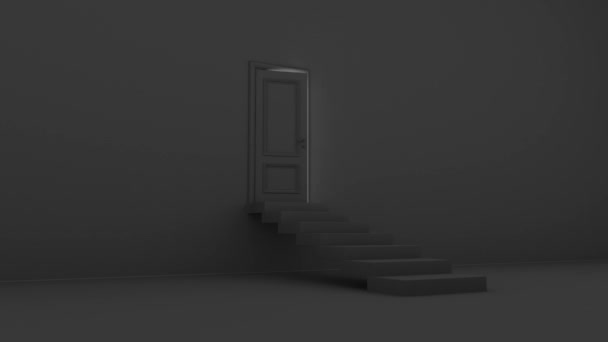 paistaa avoimen oven kanssa portaat pimeässä huoneessa - Materiaali, video