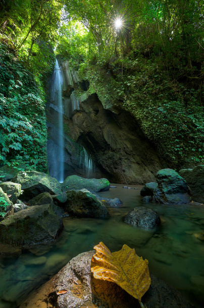 Водопад Пенгемпу и природный бассейн, с желтым пальмовым листом в центральной части острова Бали, Индонезия
 - Фото, изображение