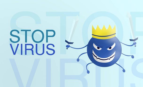 stop vírus - szó Corona vírus rajzfilm kék kard elszigetelt színes háttér. covid-19-es. Vírus illusztráció. rossz arc a betegség és járvány. - Fotó, kép