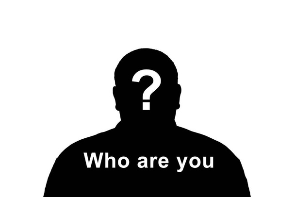 Черный силуэт взрослого анонимного человека на белом фоне со словами "Кто я?"
 - Фото, изображение