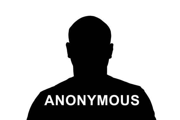 Черный силуэт взрослого мужчины на белом фоне со словами "анонимный"
. - Фото, изображение